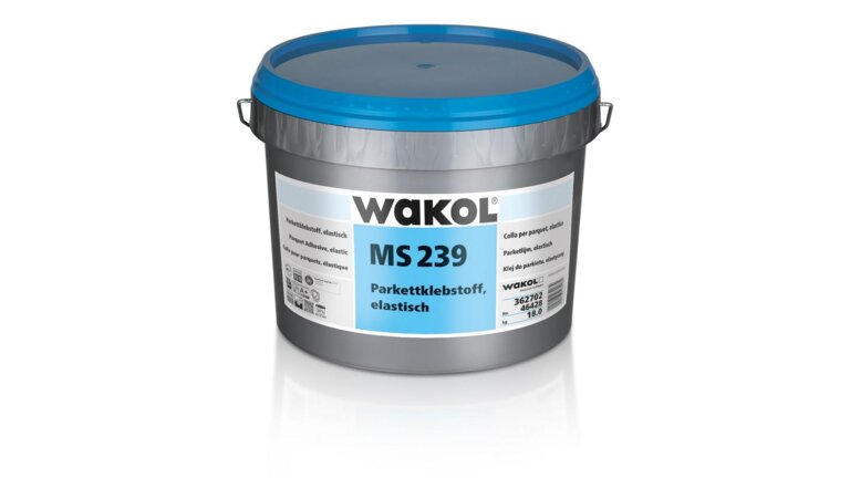 18kg- Eimer des elastischen Parkettklebstoffes "WAKOL MS 239", der in einem blau-grauen Farbschema gehalten ist. 